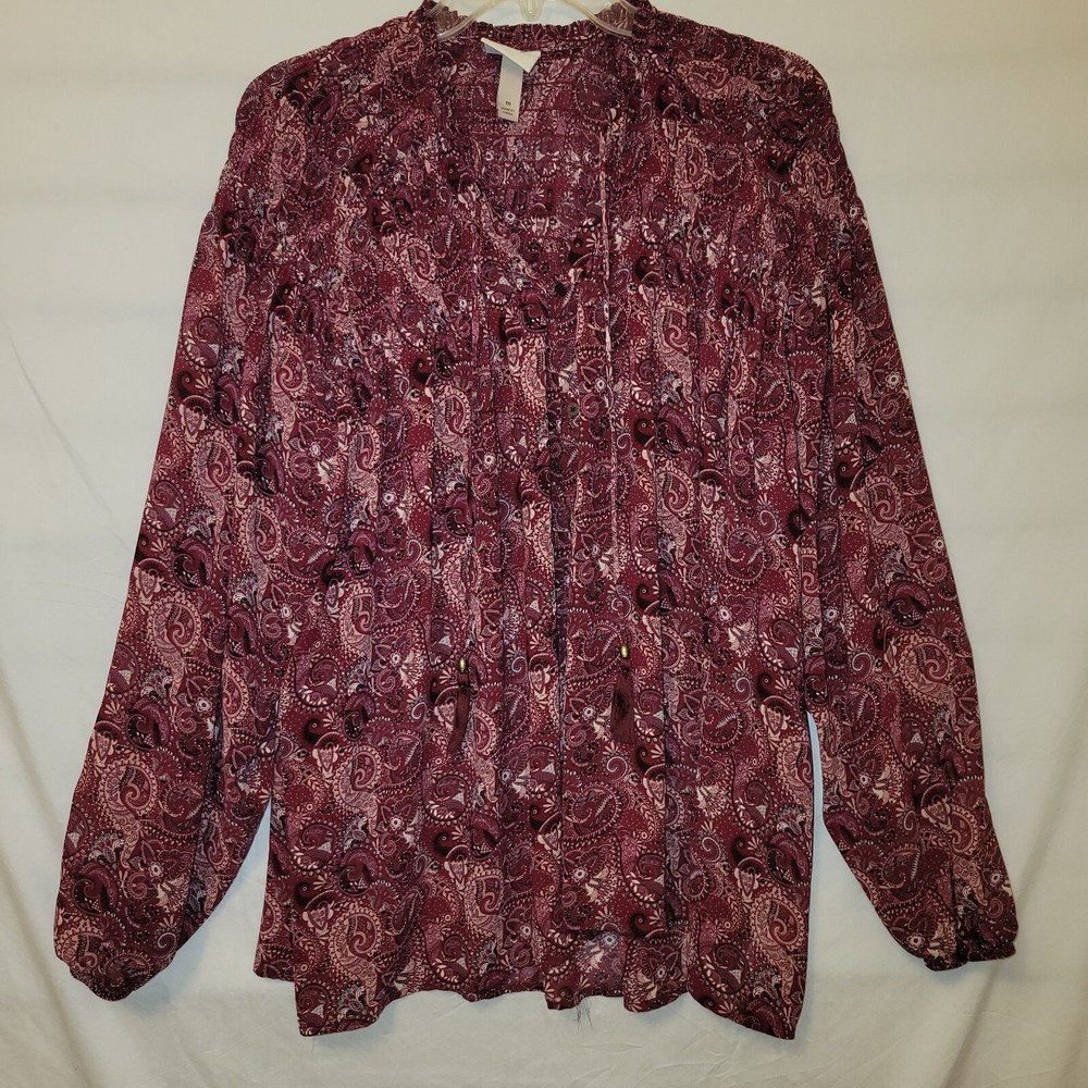 Knox Rose Blouse Size M‎ Tunic Top Maroon Paisley Smocked Balloon Sleeve Tassle